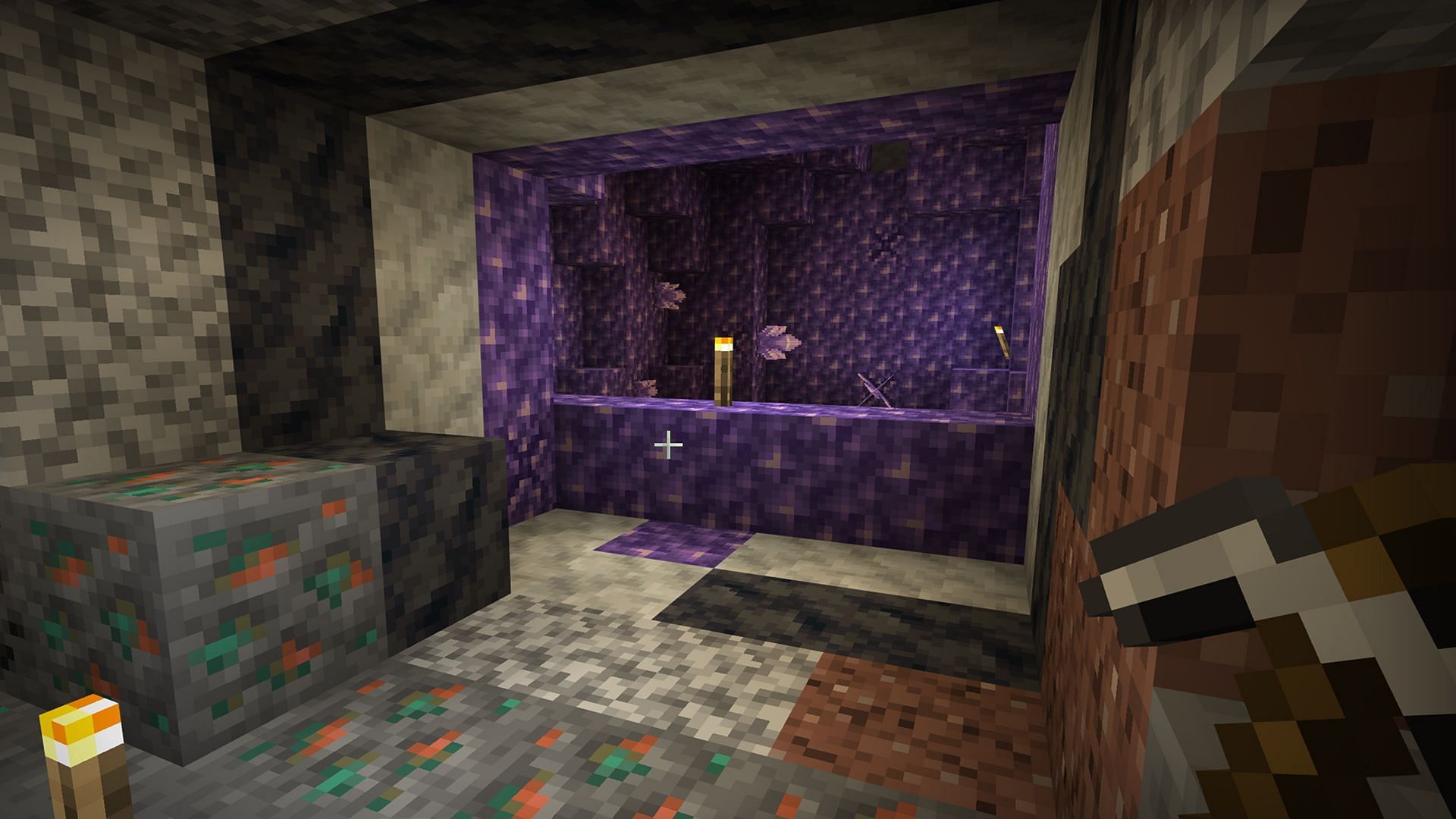A player finds an amethyst geode in Minecraft (Image via Mojang)