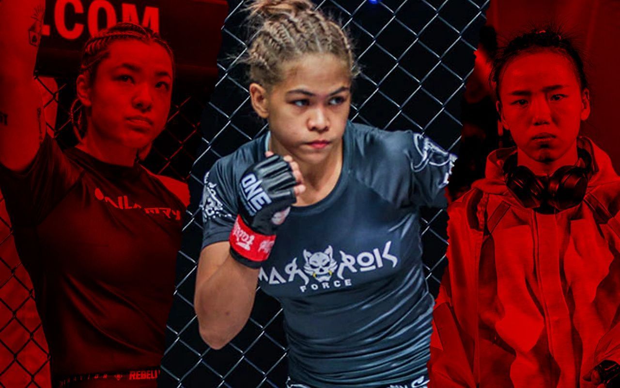 ONE atomweight Denice Zamboanga (middle) comments on Hirata (left) vs Heqin (right) matchup [Credit: ONE Championship]