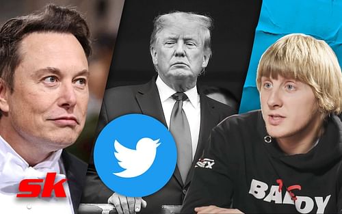 Elon Musk, Donald Trump and Paddy Pimblett (left to right) [Pimblett image via UFC on YouTube | Trump image via Getty | Musk image via reuters.com | Twitter logo via twitter.com]