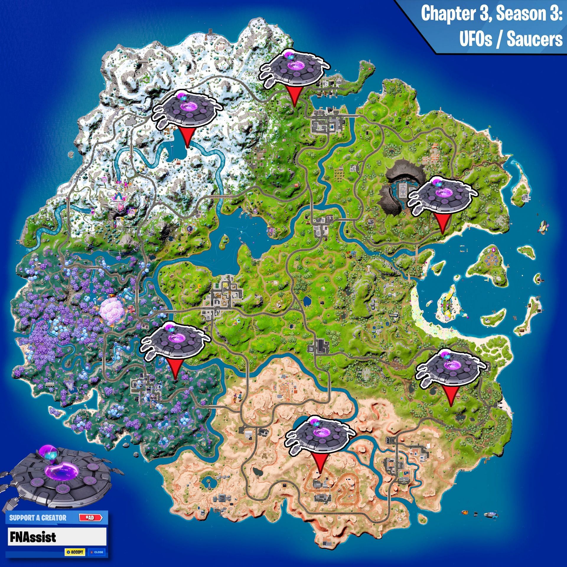 UFOs can be found in six different spots on the Chapter 3 Season 3 island (Image via FNAssist / Twitter)