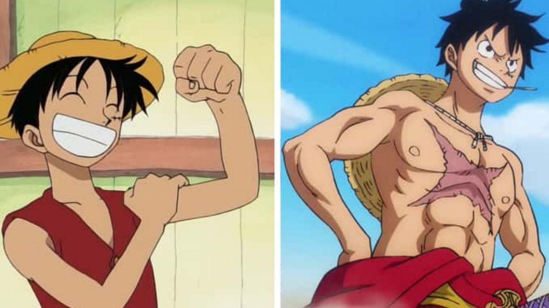 Luffy at the beginning and Luffy after the time skip (Image via Toei Animation)