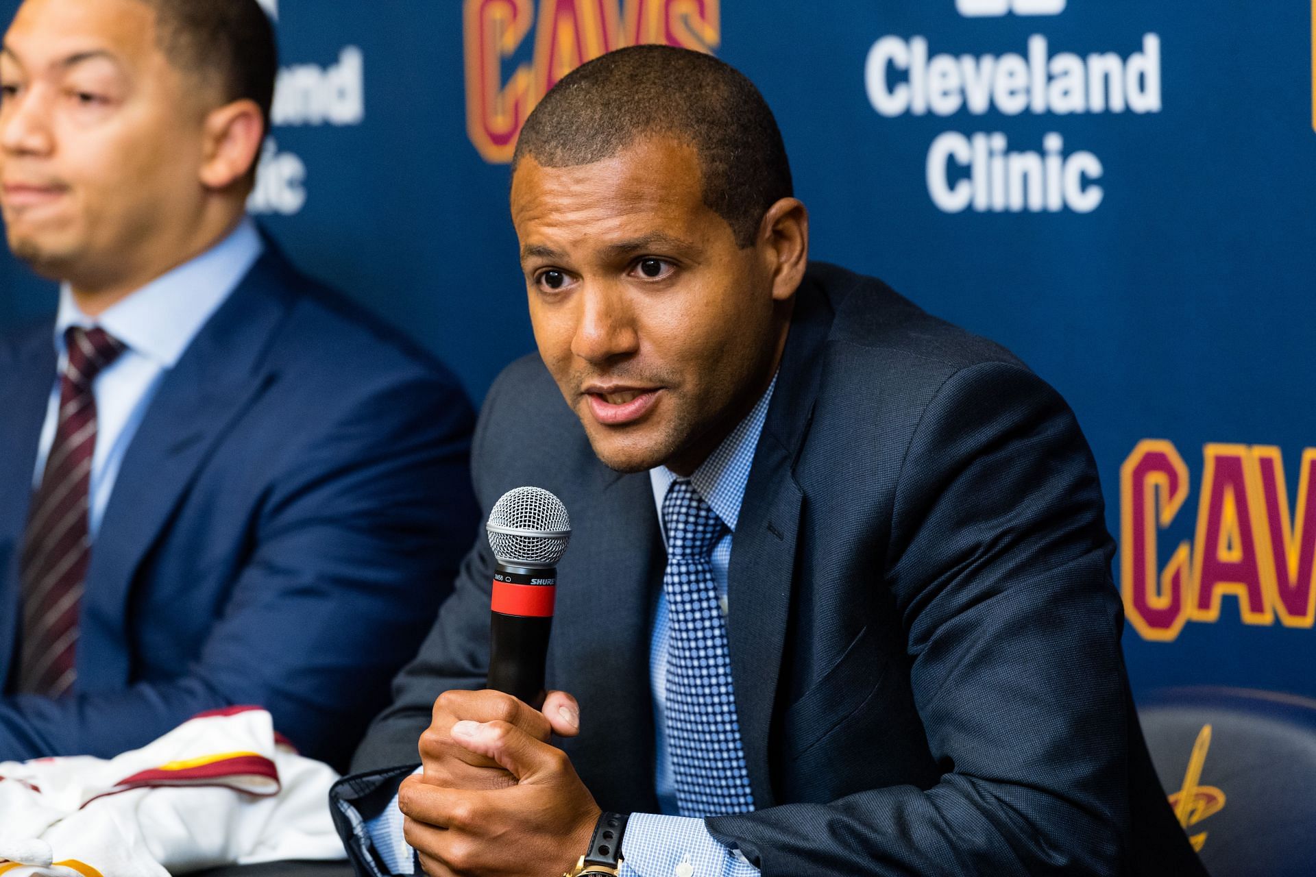 Cleveland Cavaliers general manager Koby Altman answers questions during a press conference to introduce Isaiah Thomas, Jae Crowder &amp; Ante Zizic at Cleveland Clinic Courts on September 7, 2017 in Independence, Ohio.