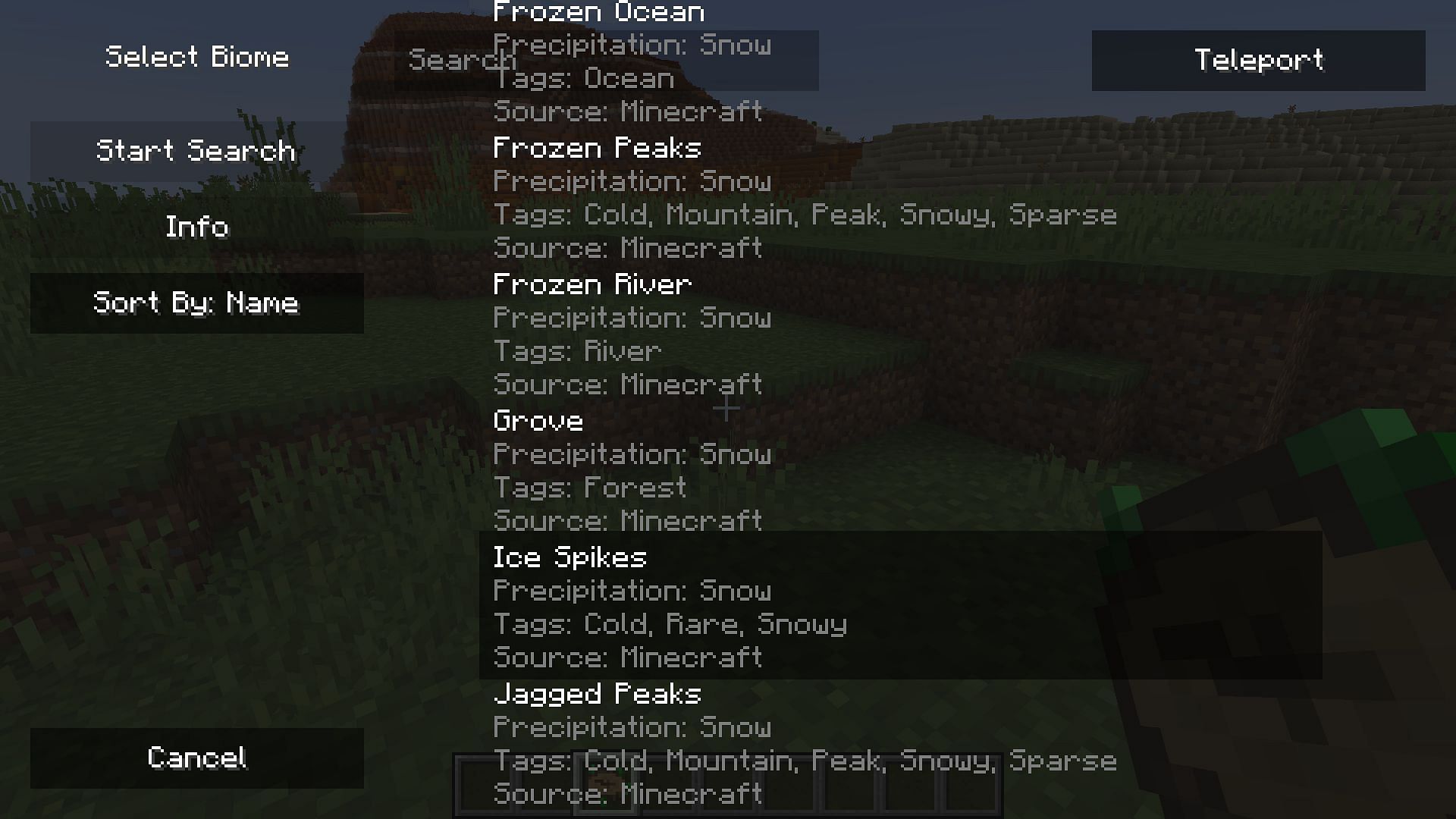The search list from the Nature&#039;s Compass mod (Image via Mojang)
