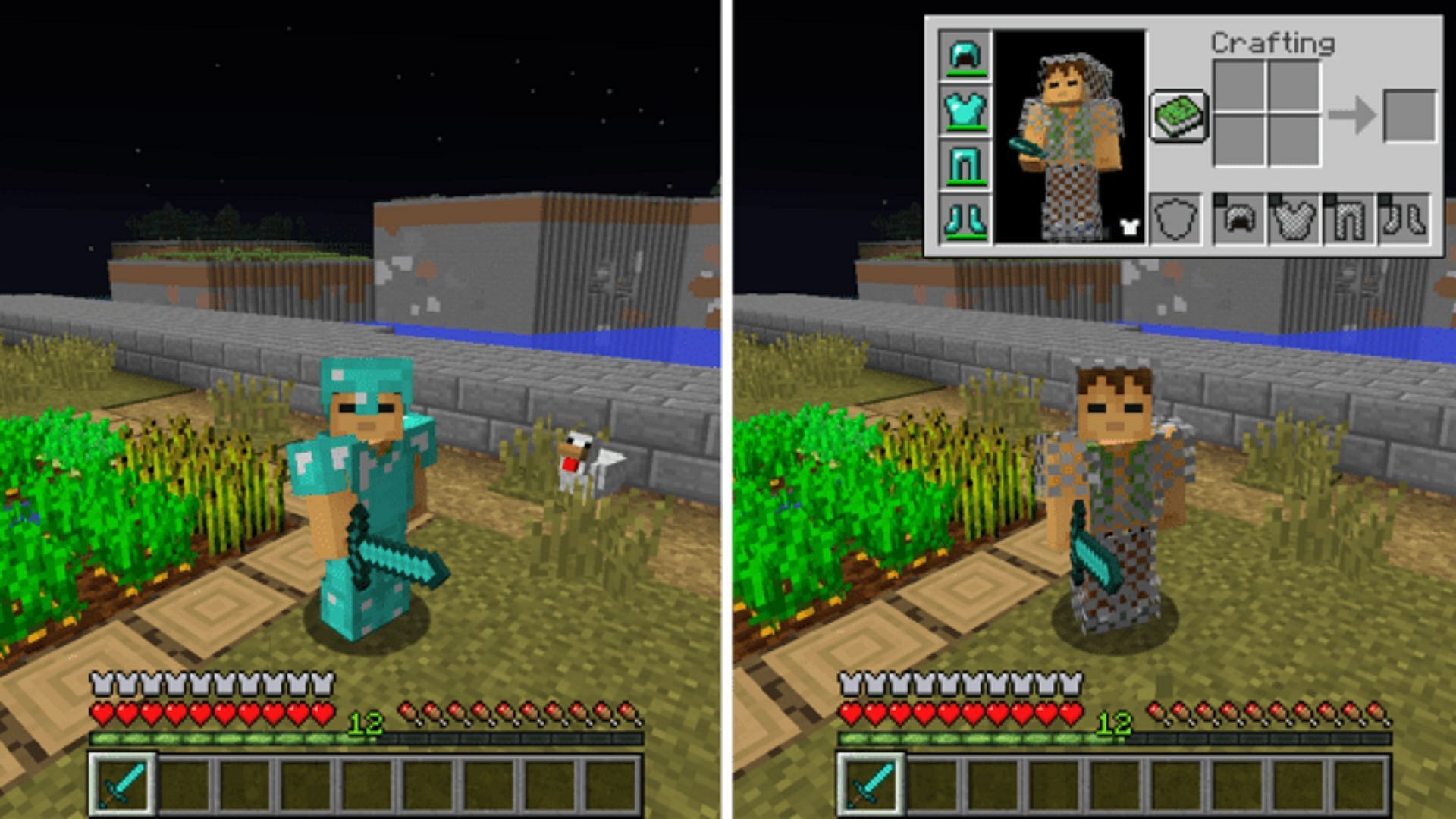 Cosmetic armor changes implemented in Minecraft by Cosmetic Armor Reworked (Image via LainMI/NewMinecraftMods)