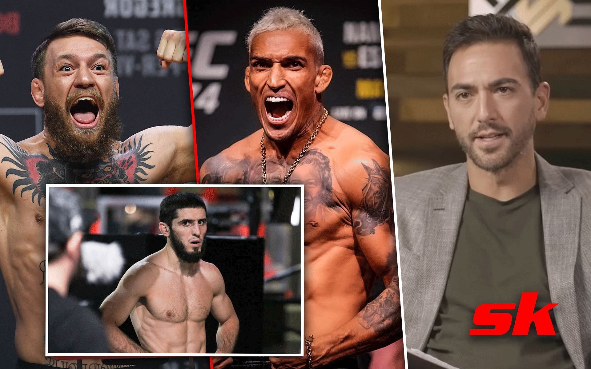 Conor McGregor (left), Islam Makhachev (bottom left), Charles Oliveira (centre), Brett Okamoto (right) [Images courtesy of ESPN MMA on YouTube, @islam_makhachev &amp; @charlesdobronx on Instagram]