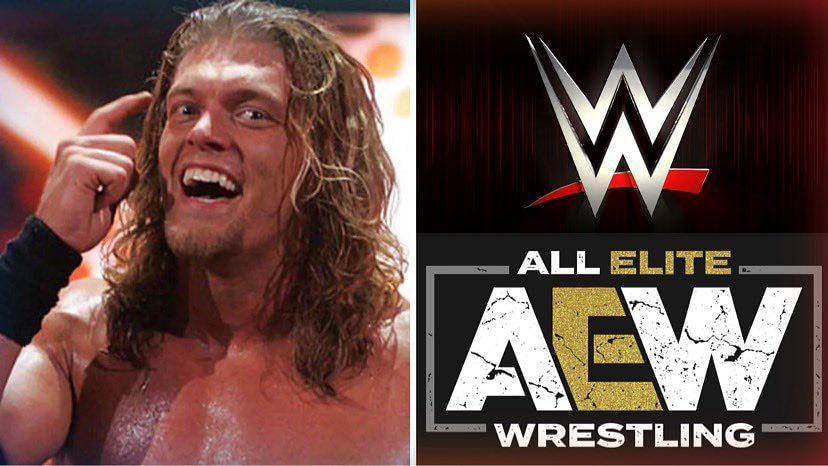 Edge (left) and AEW and WWE logos (right).