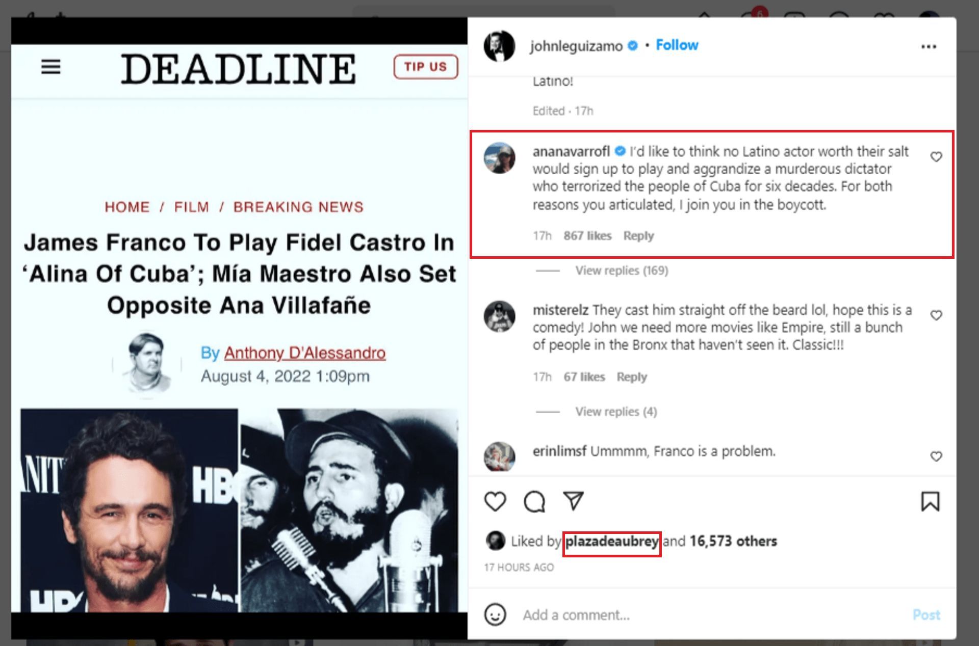 Ana Navarro-C&aacute;rdenas&#039; comment on John Leguizamo&#039;s post (Image via johnleguizamo/Instagram)