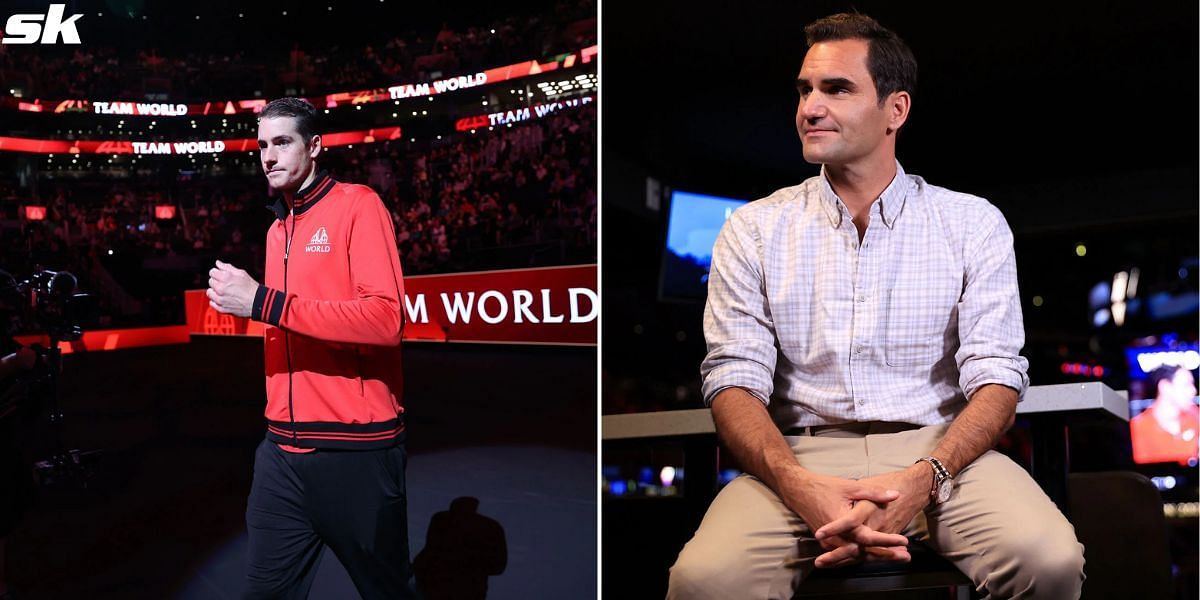 John Isner (L) and Roger Federer.