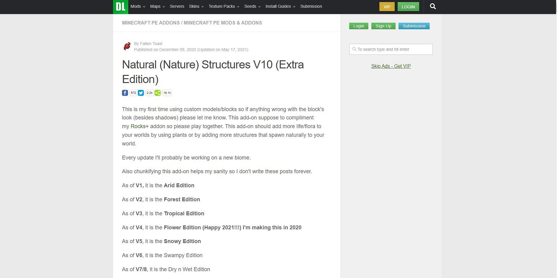 The webpage for the Natural Structures addon (Image via mcpedl)