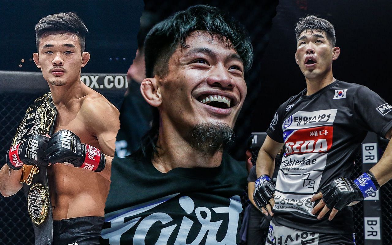 ONE strawweight Lito Adiwang (center) weighs in on the lightweight world title rematch between Christian Lee (left) and Ok Rae Yoon (right). (Image courtesy of ONE)