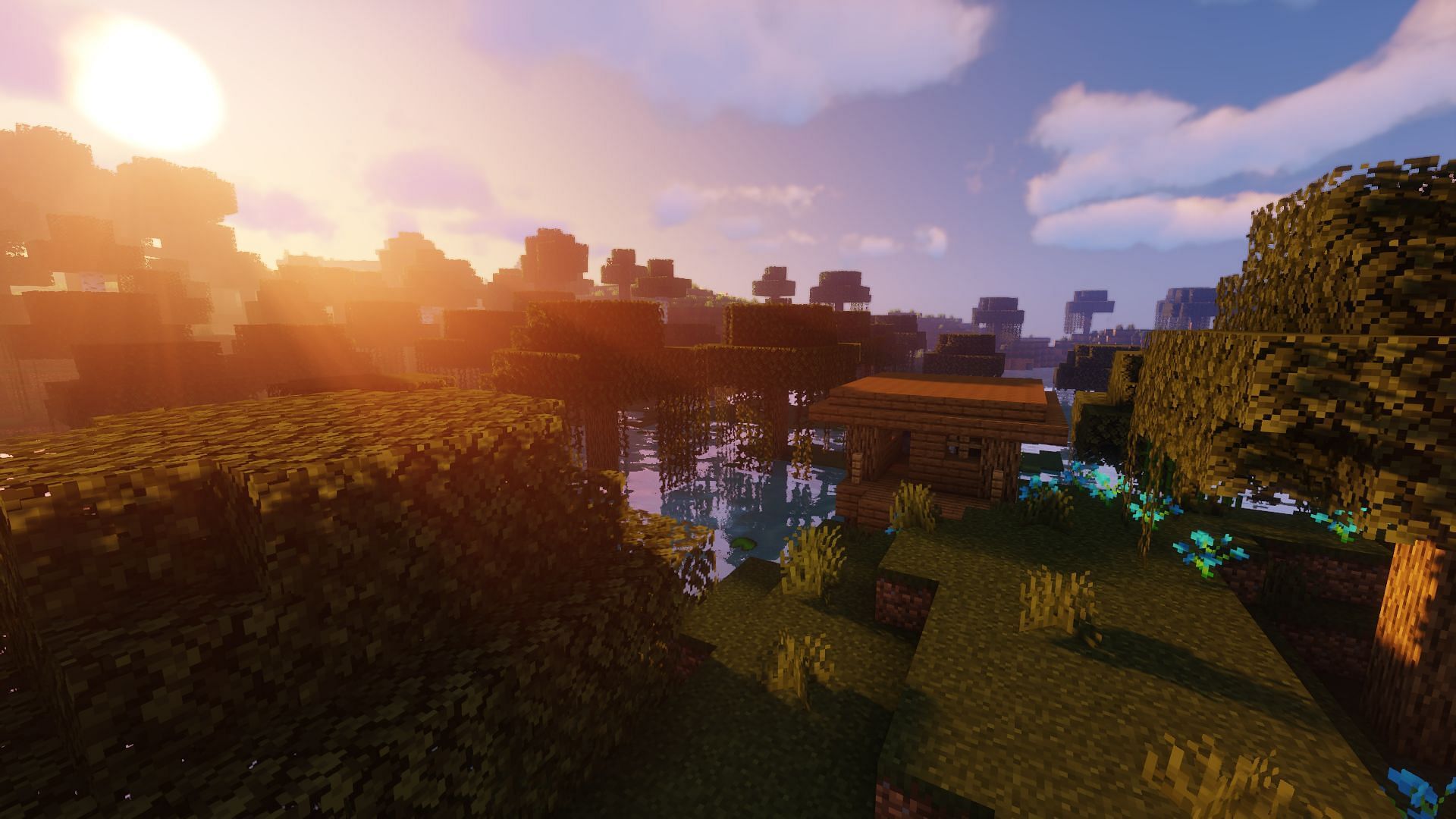 A witch hut in a swamp as seen through a sunrise, one of the presets of the time command (Image via Minecraft)