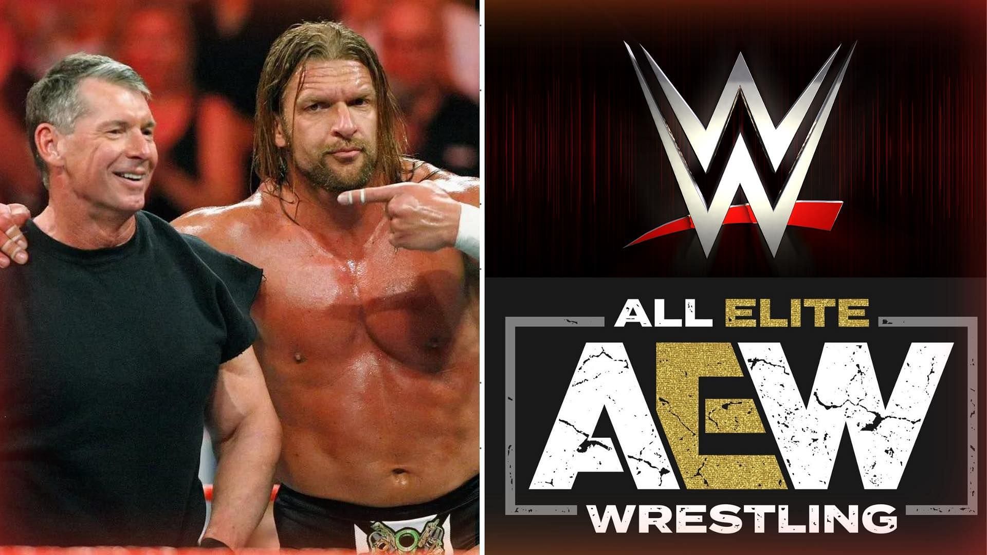 Vince McMahon and Triple H (left) and AEW and WWE logos (right).