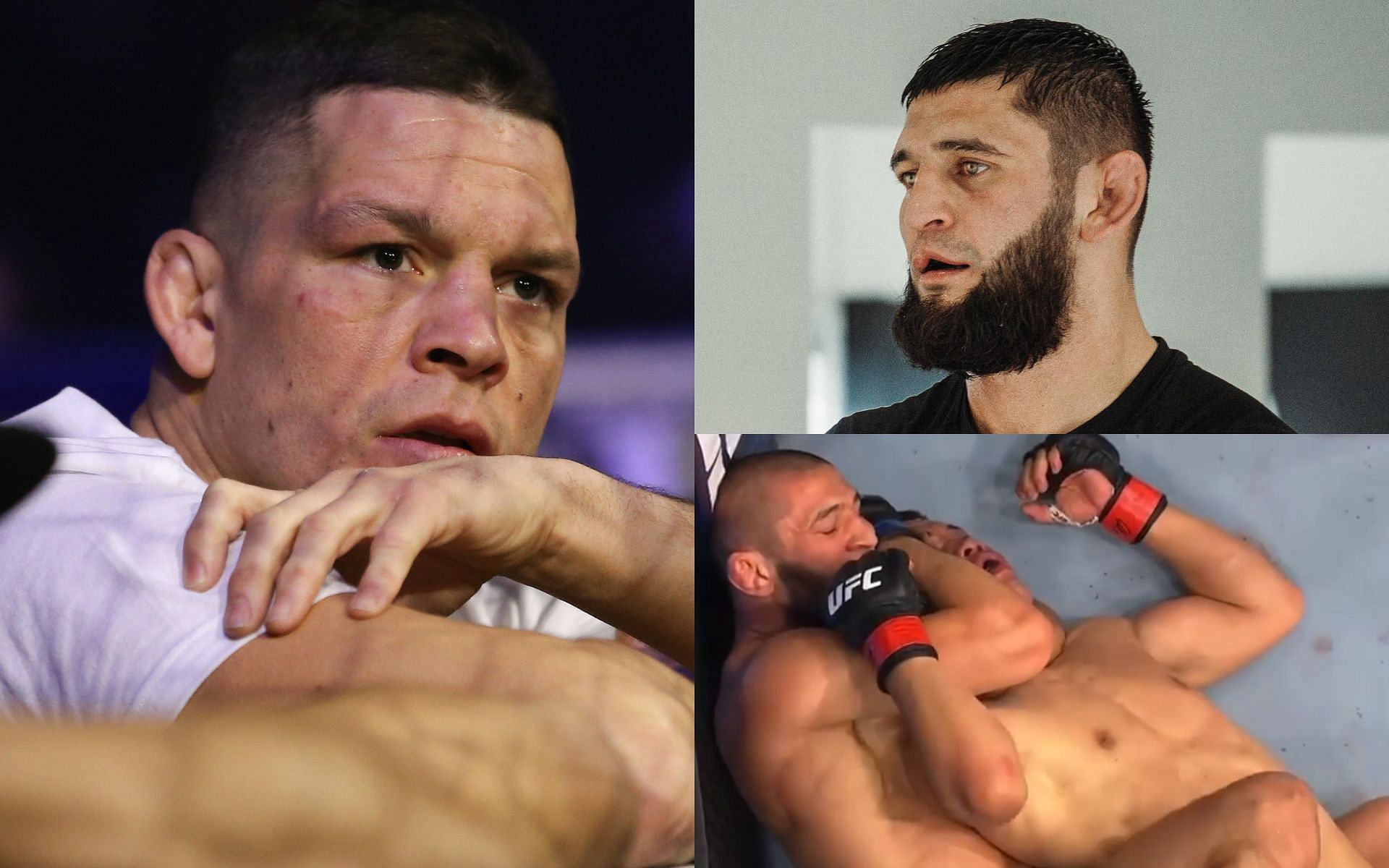 Nate Diaz (left, image courtesy of Getty); Khamzat Chimaev and Chimaev vs. Jingliang (top and bottom right, images courtesy of @khamzat_chimaev Instagram)