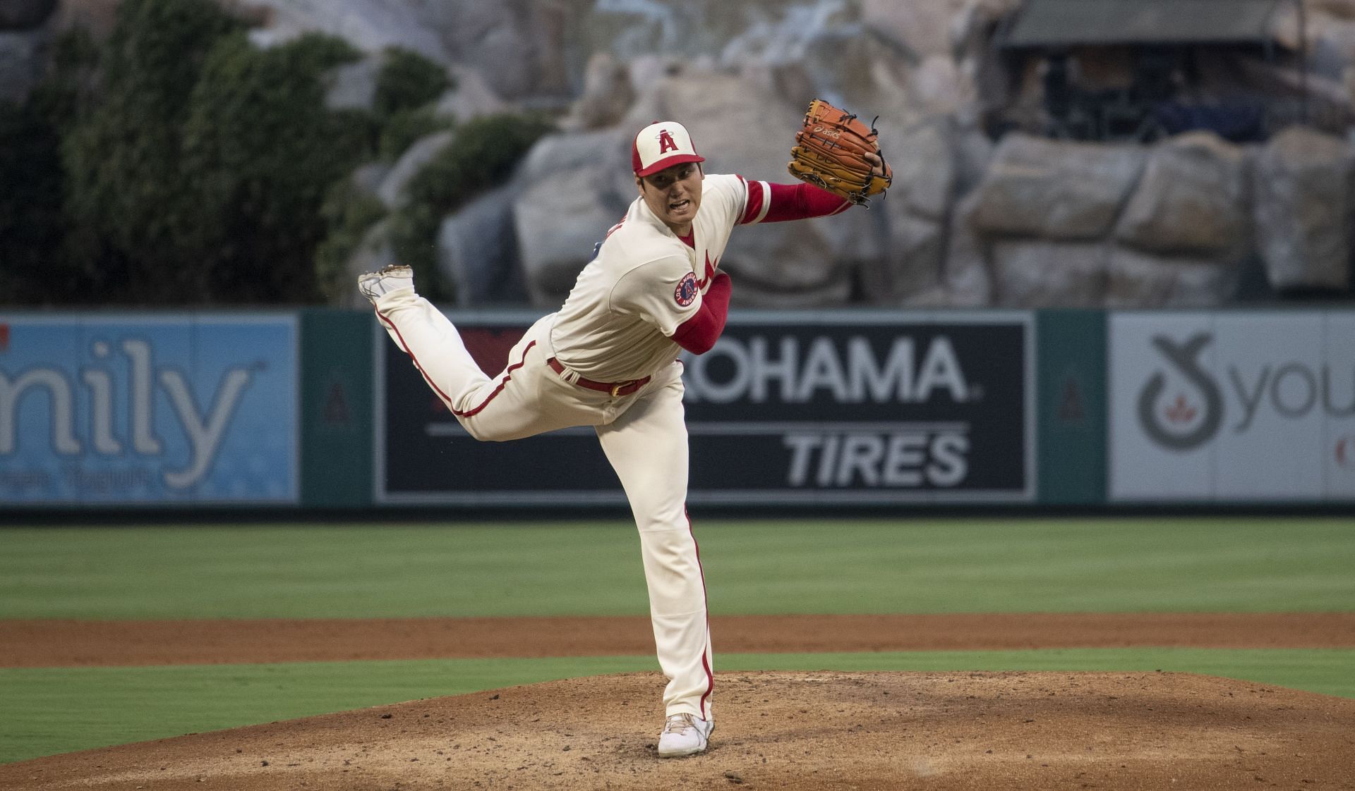 Shohei Ohtani pitches in the fourth inning while playing the Oakland Athletics at Angel Stadium.