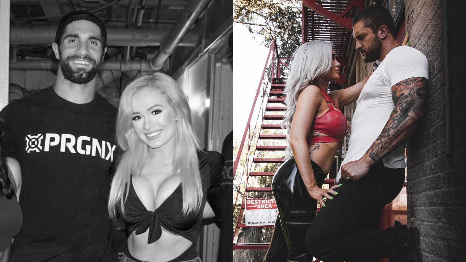 Scarlett Bordeaux with her trainer, Seth Rollins (left), and husband, Karrion Kross (right)