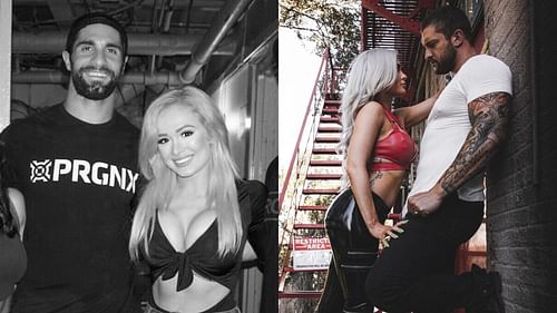 Scarlett Bordeaux with her trainer, Seth Rollins (left), and husband, Karrion Kross (right)