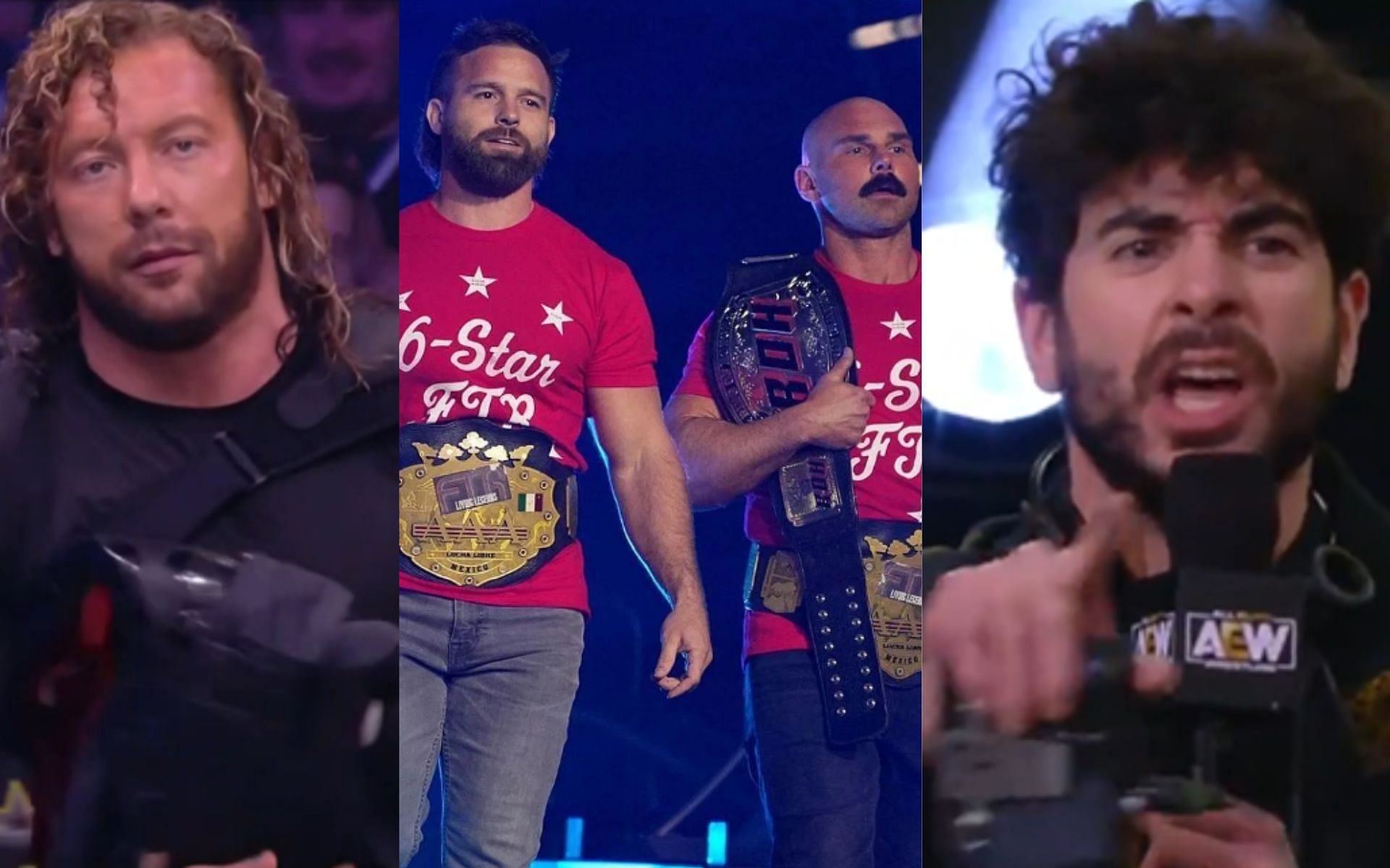 Left: Kenny Omega; Center: FTR; Right: Tony Khan