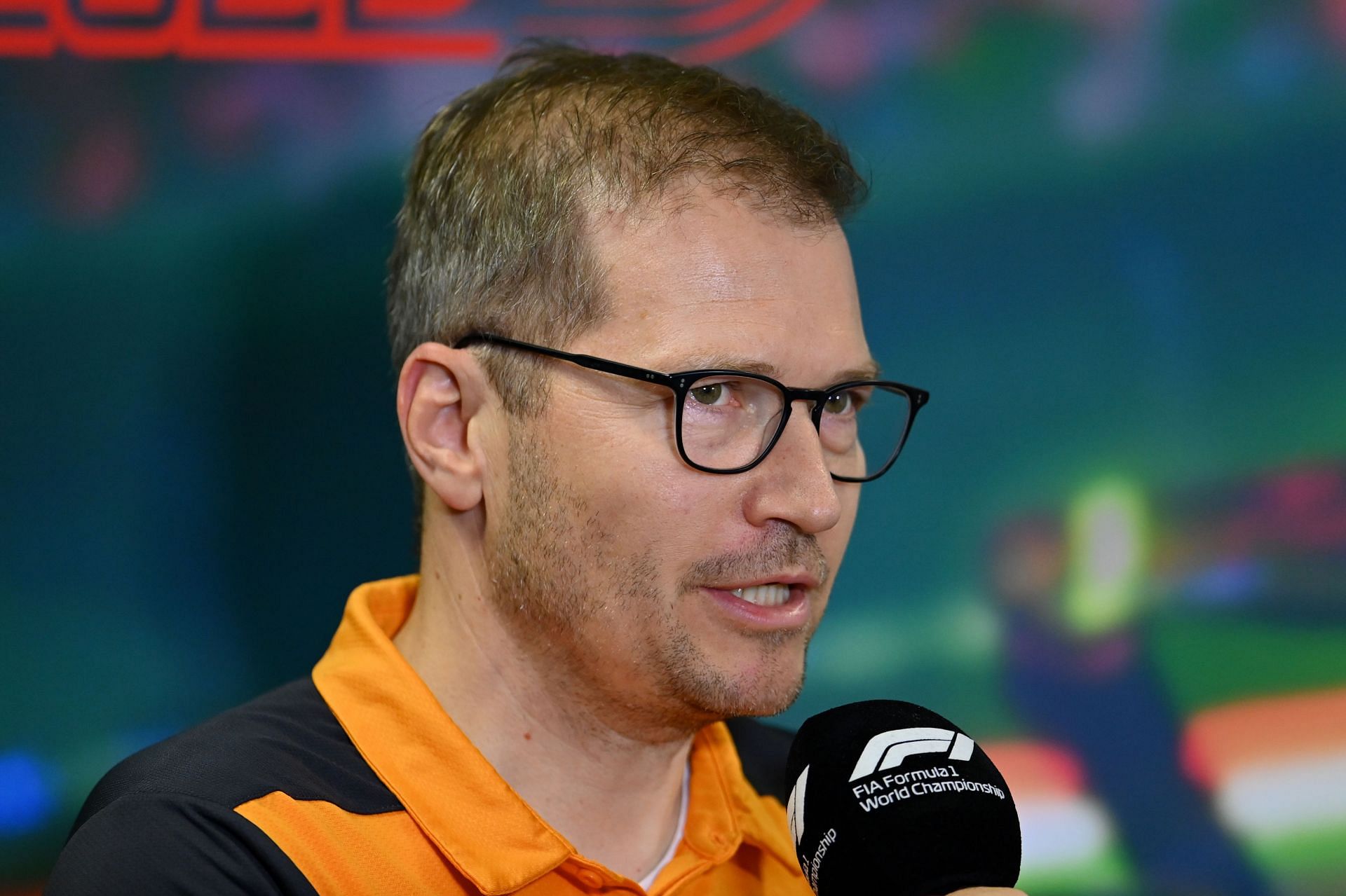 McLaren team principal Andreas Seidl speaks to the media during the 2022 F1 Hungarian GP weekend (Photo by Dan Mullan/Getty Images)