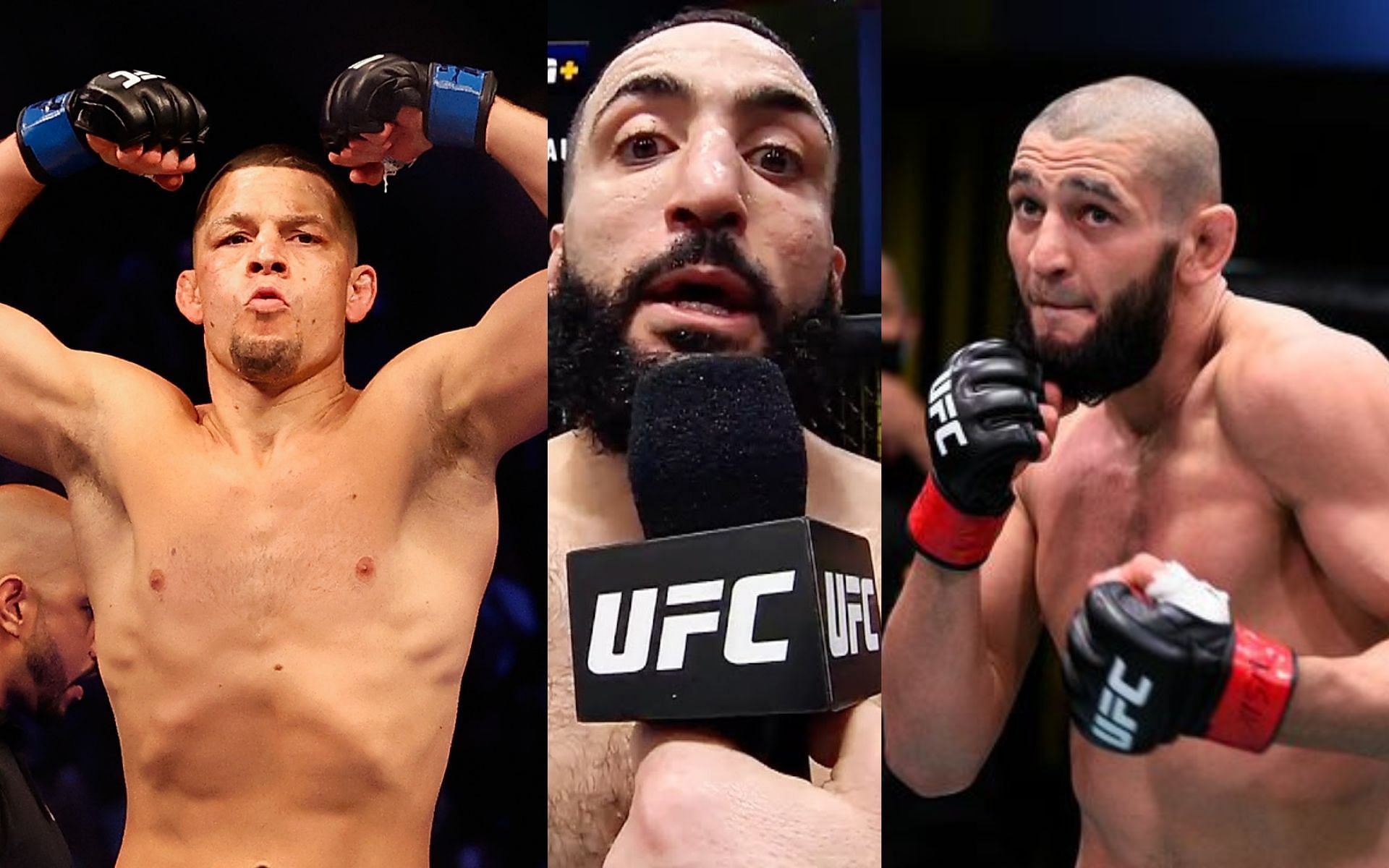 Nate Diaz (left), Belal Muhammad (center), and Khamzat Chimaev (right). [left and right images from Getty Images, center image from YouTube UFC channel]