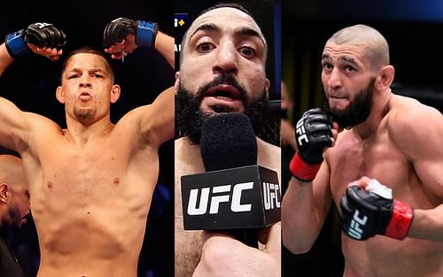 Nate Diaz (left), Belal Muhammad (center), and Khamzat Chimaev (right). [left and right images from Getty Images, center image from YouTube UFC channel]