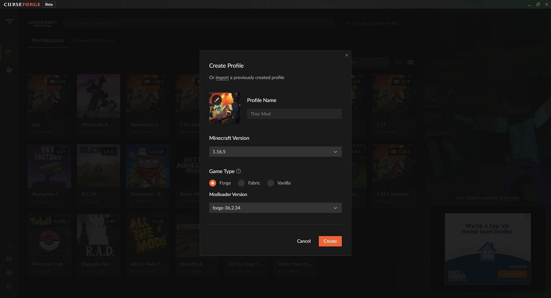 The Create Profile Window in CurseForge (Image via CurseForge)