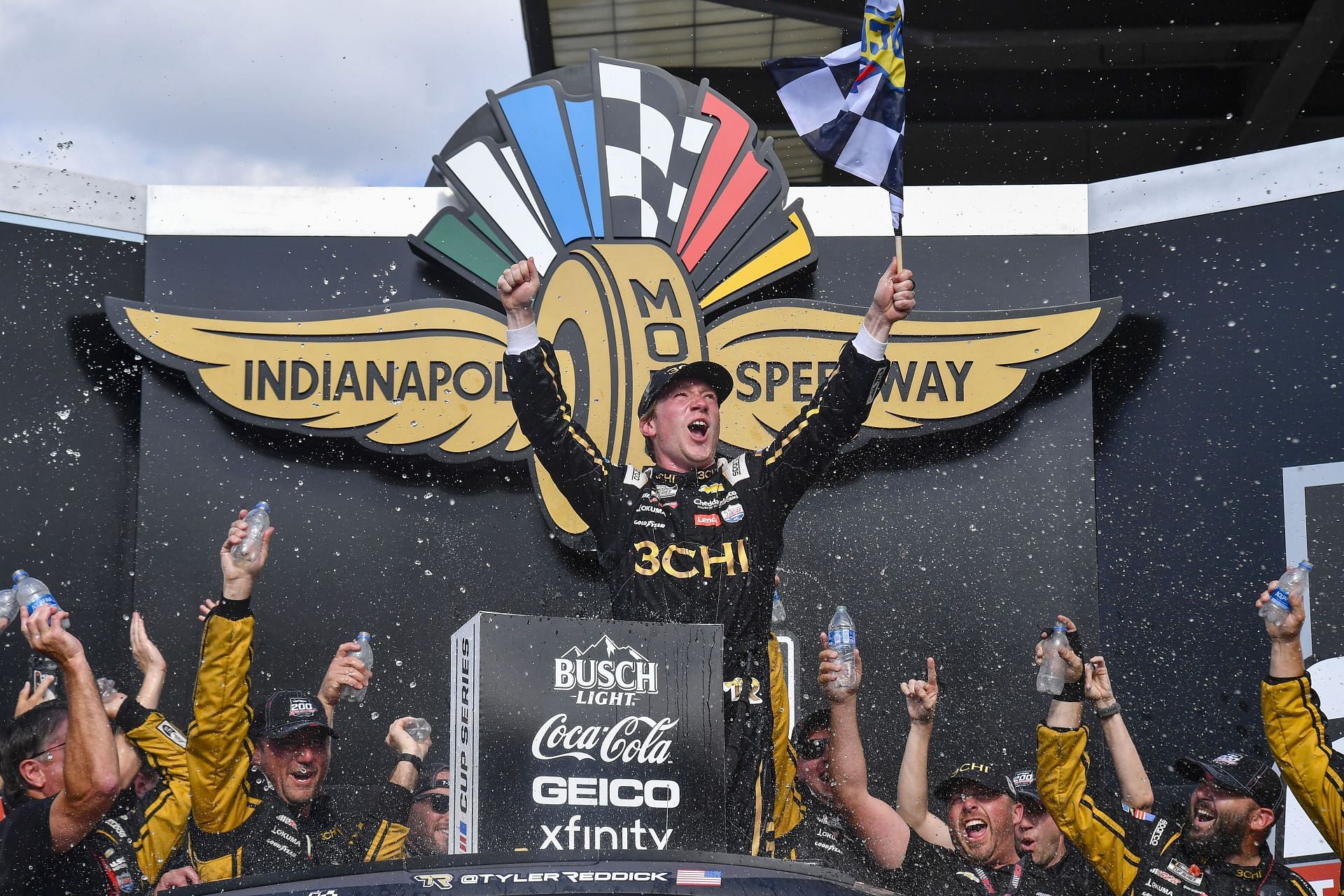 Tyler Reddick celebrates in victory lane after winning the NASCAR Cup Series Verizon 200 at the Brickyard at Indianapolis Motor Speedway (Photo by Logan Riely/Getty Images)