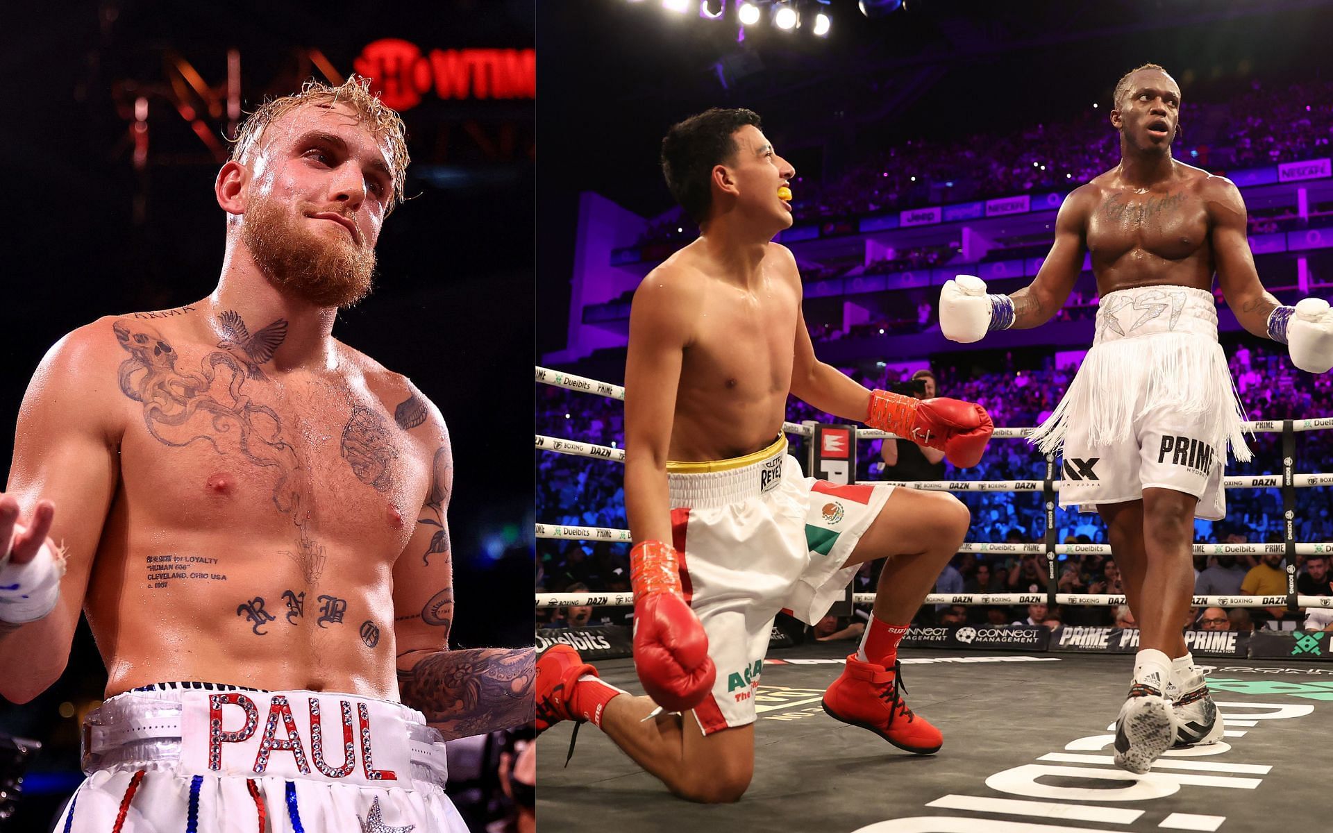 Jake Paul (left) and Luis Alcaraz Pineda kneeling against KSI (right) (Image credits Getty Images)