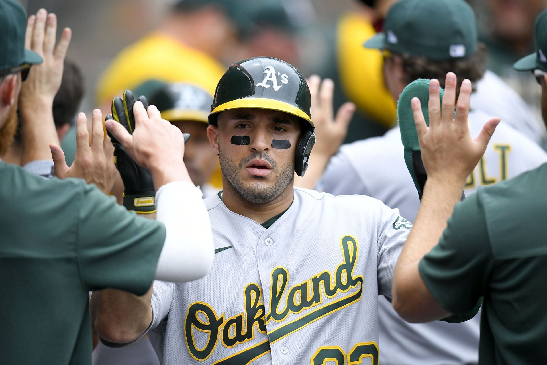 Ramon Laureano celebrates with teammates during today&#039;s Oakland Athletics v Los Angeles Angels game.