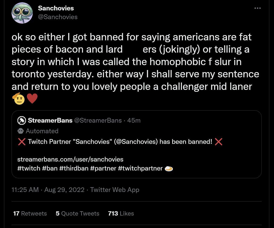 Popular League of Legends Twitch streamer Sanchovies provides an update for his third suspension on Twitch (Image via Twitter)