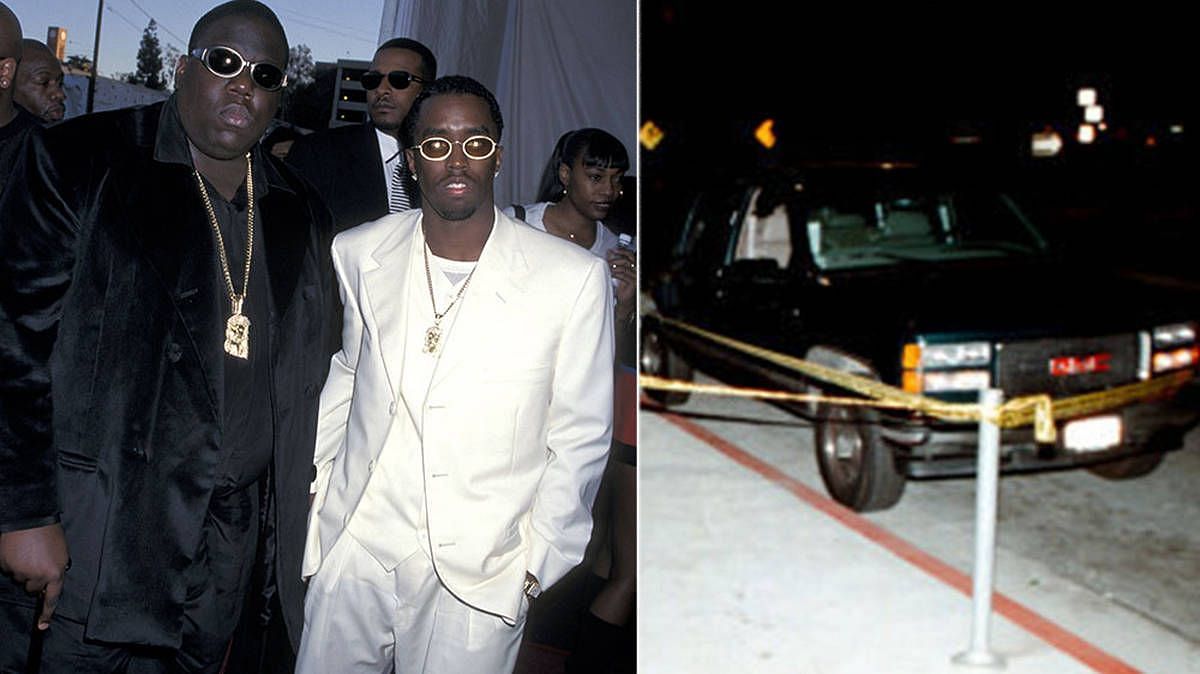 (Left) Biggie&#039;s last public appearance and (Right) The GMC SUV he was shot in (Image via Getty/PA) Sean Combs a.k.a Diddy (Image via @MoorInformation/Twitter)