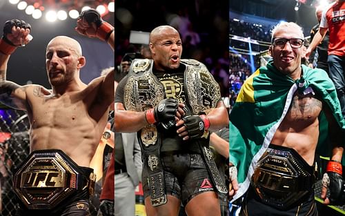 From left to right: Alexander Volkanovski, Daniel Cormier, and Charles Oliveira 