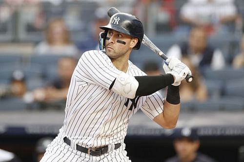 Joey Gallo of the New York Yankees at bat against the Los Angeles Angels at Yankee Stadium.