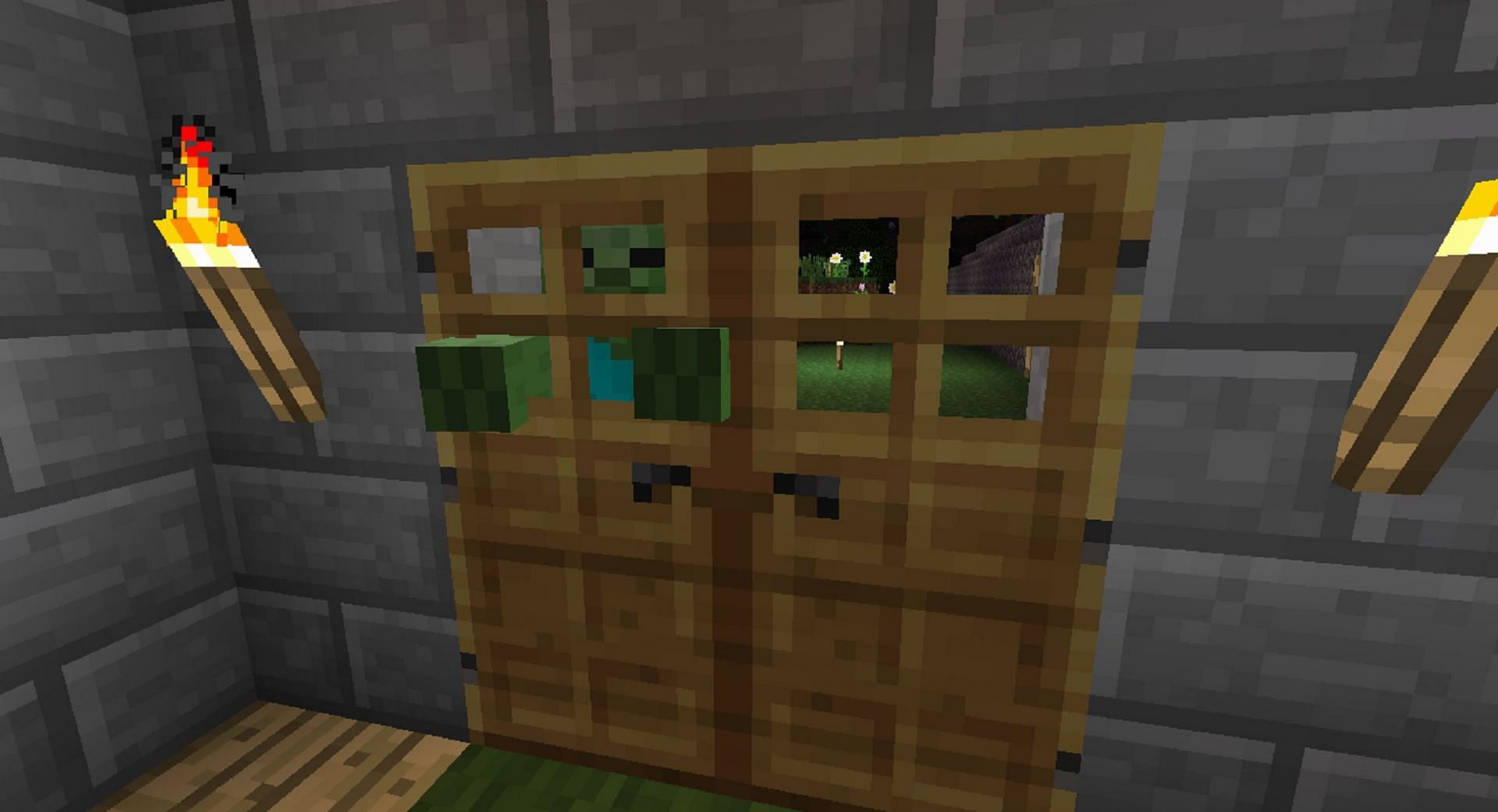 Zombies will attempt to smash doors to reach gamers and villagers (Image via Mojang Bug Report)
