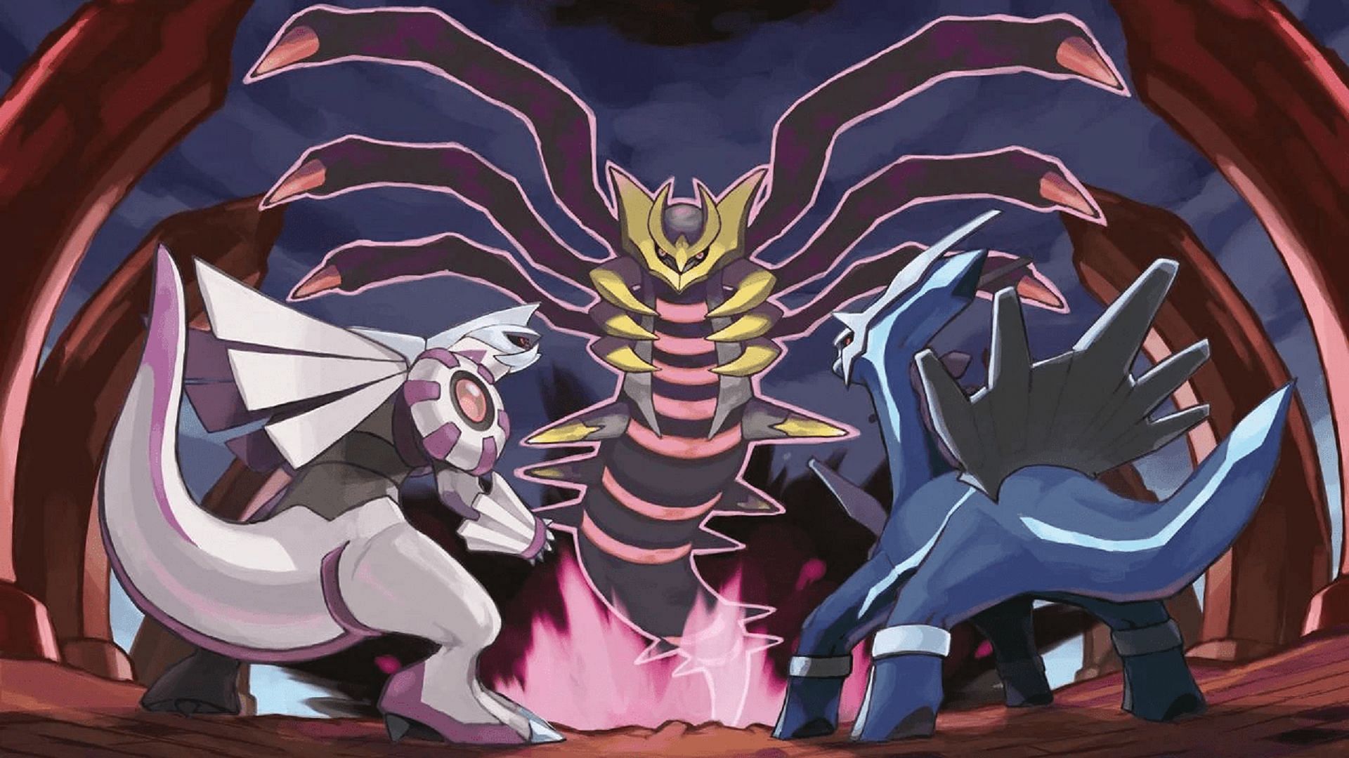 Origin Forme Giratina emerges before Palkia and Dialga (Image via The Pokemon Company)