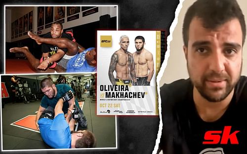 (Clockwise) Daniel Cormier, Charles Oliveira vs. Islam Makhachev poster, Leandro Vieira, Khabib Nurmagomedov[Images via @khabib_nurmagomedov and @ufc on Instagram, @Brazilian MMA Fighters on YouTube]