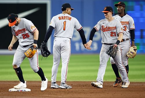 The Orioles celebrate after the final out of a game against the Blue Jays.