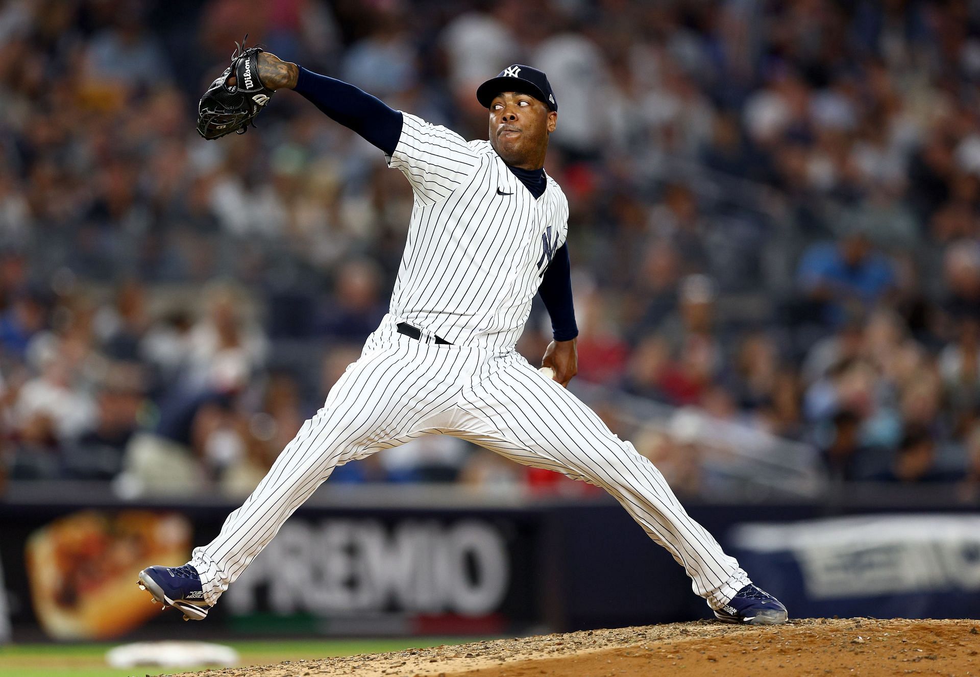 Aroldis Chapman pitches during a Boston Red Sox v New York Yankees game.