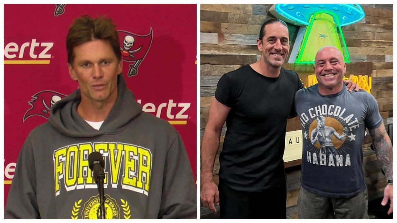 Tom Brady (left) revealed the reason behind his training camp absence, Aaron Rodgers (middle) pictured alongside podcaster Joe Rogan
