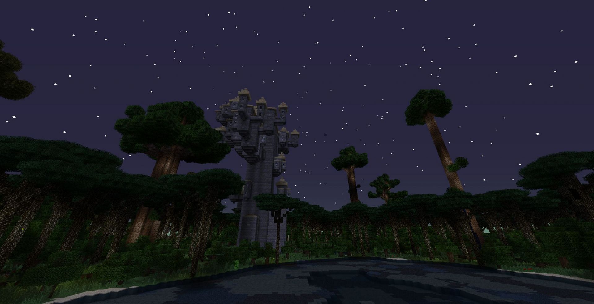 A waterside tower in The Twilight Forest mod (Image via Benimatic/CurseForge)