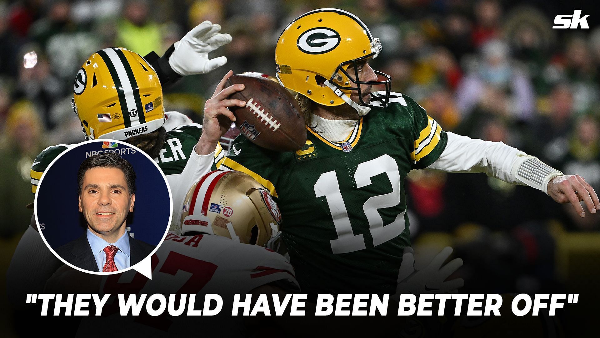 Mike Florio (inset) has not been pleased with how Aaron Rodgers has conducted himself this offseason