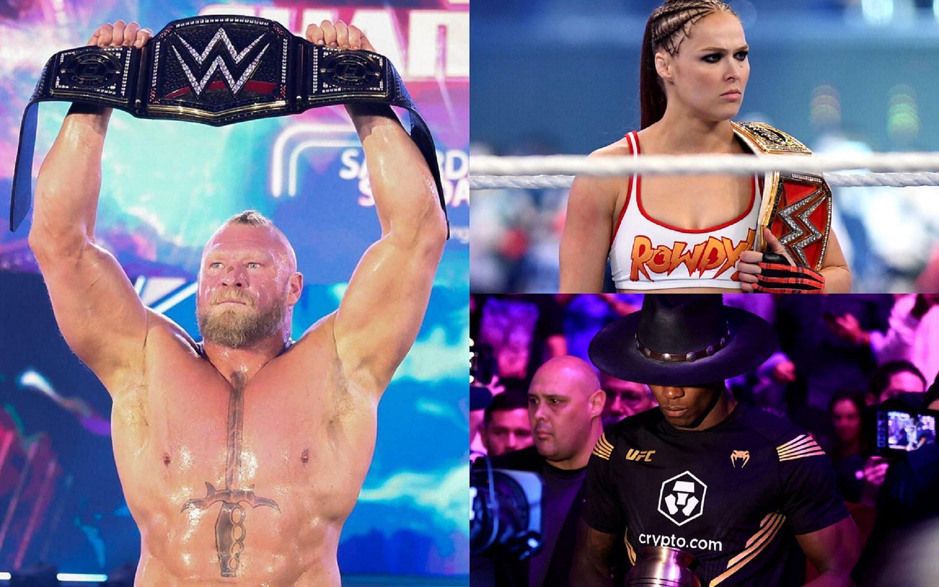 Brock Lesnar (left), Ronda Rousey (top right), and Israel Adesanya (bottom right)