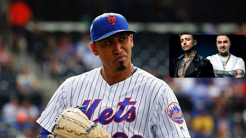 Edwin Diaz on the baseball field; Blasterjaxx and Timmy Trumpet (inset).