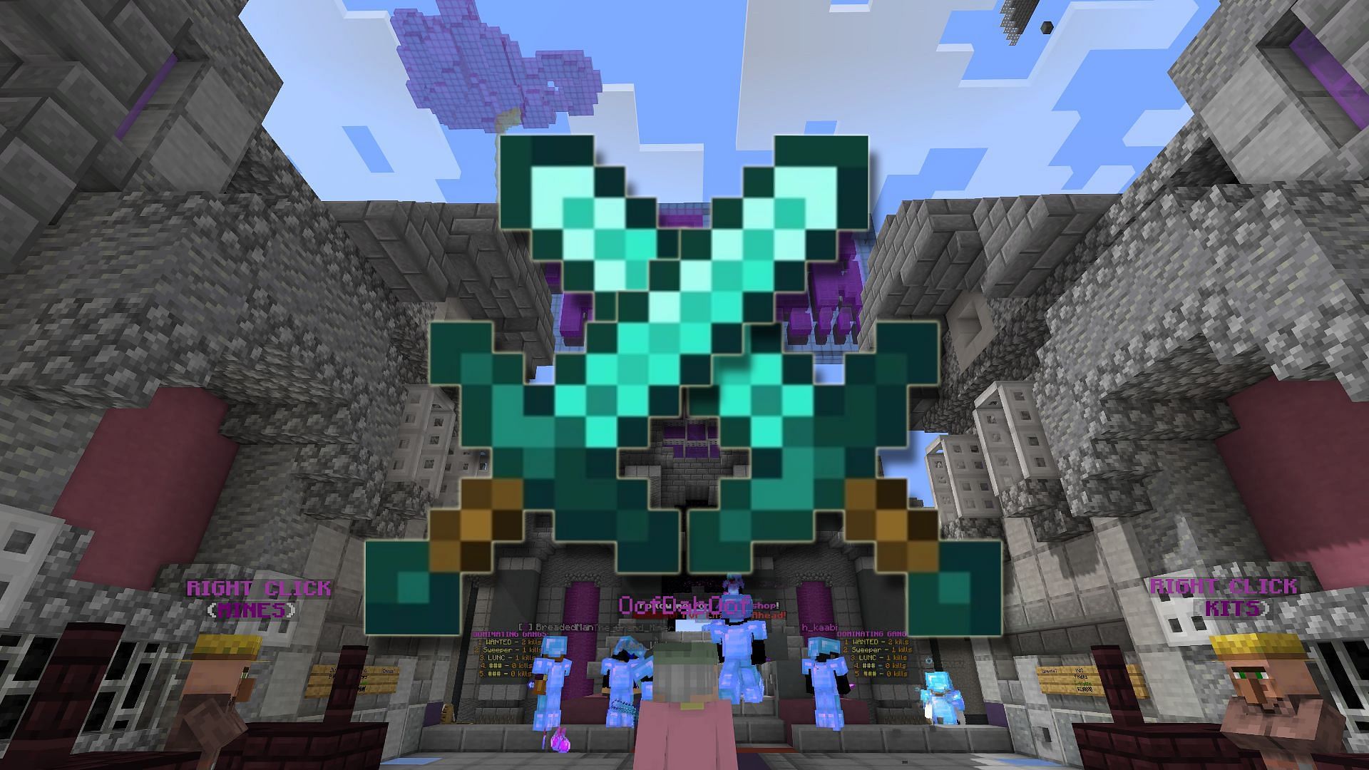 Two swords crossed over the spawn area of a server (Image via Minecraft)