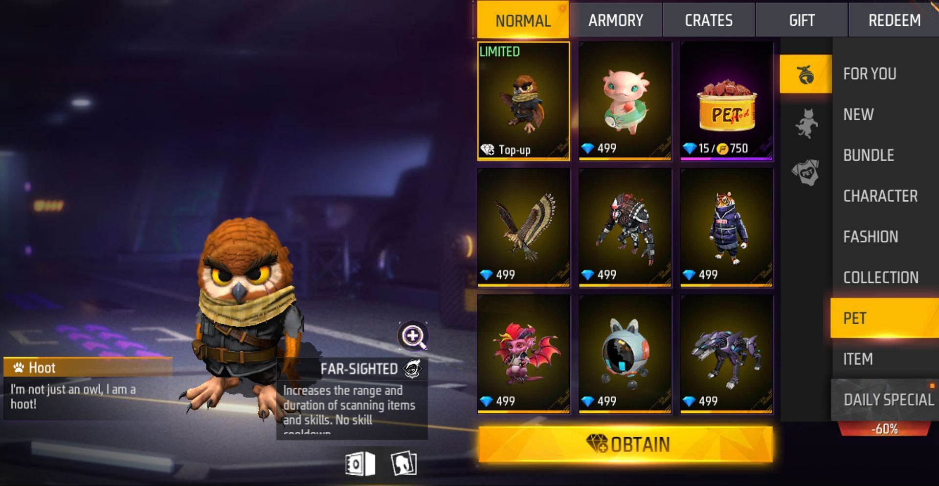 Even the basic pets like Mechanical Pup cost 399 diamonds (Image via Garena)