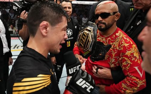 Moreno (L) faced off with flyweight champ Deiveson Figueiredo (R) after his UFC 277 win [Credits: Josh Hedges/Zuffa LLC ]