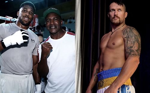 Anthony Joshua (left) and Evander Holyfield (middle), Oleksandr Usyk (right) - Images via @daznboxing and @usykaa on Instagram