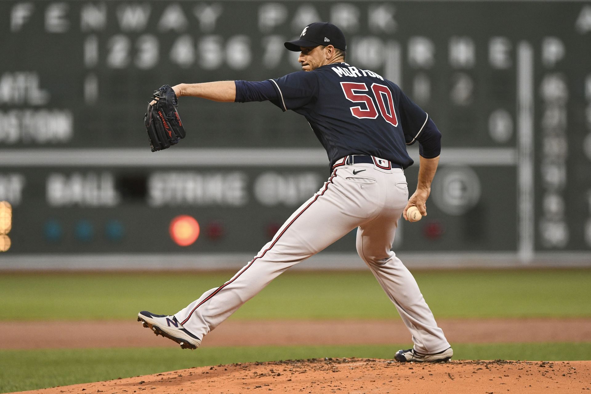 Charlie Morton pitches during tonight&#039;s Atlanta Braves v Boston Red Sox game at Fenway Park.