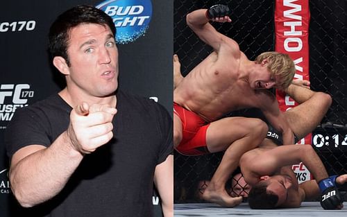 Chael Sonnen (left), Paddy Pimblett and Jordan Leavitt during their lightweight clash at UFC London (right)