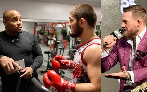 Daniel Cormier and Khabib Nurmagomedov (left) and Conor McGregor (right). [Image via @dc_mma on Twitter]