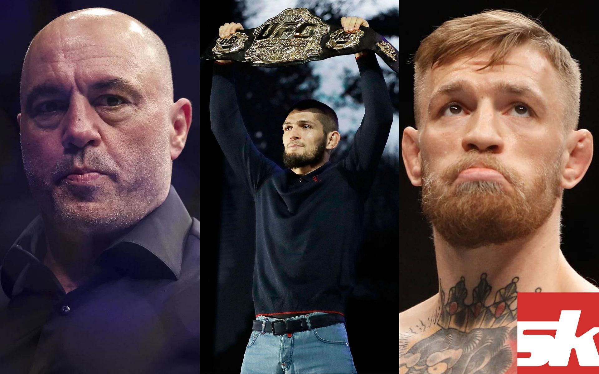 L-R: Joe Rogan, Khabib Nurmagomedov, and Conor McGregor 